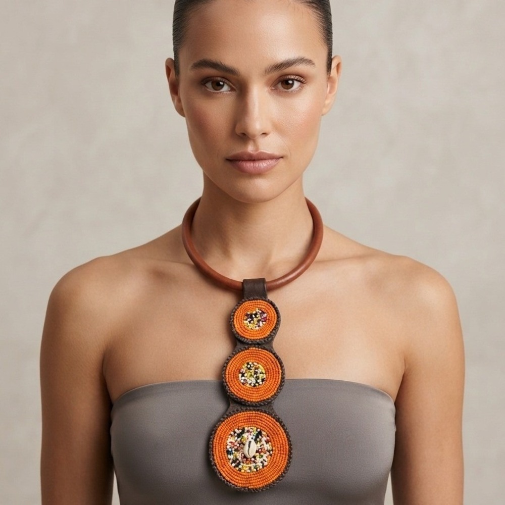 African Beaded Leather Collar Necklace Womens Orange Brown Tribal Boho Cowrie